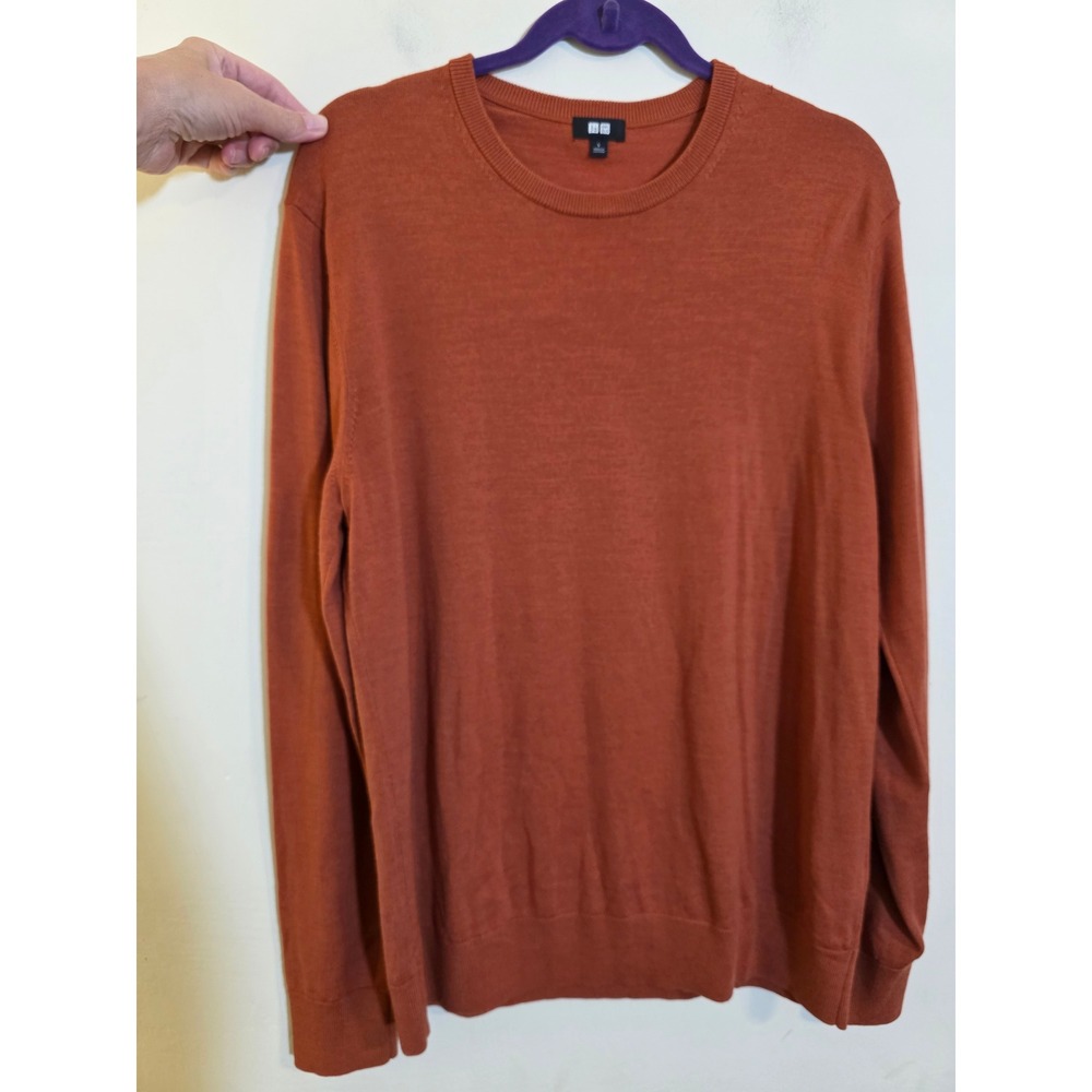 Uniqlo Mens Large Burnt Orange 100% Wool Crew Neck Sweater 351-460933 Rust*Flaw*